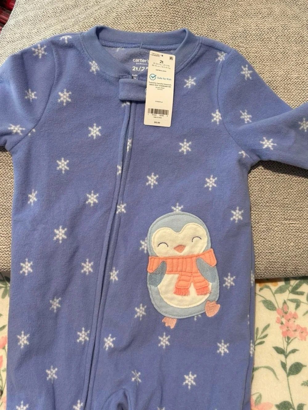 Carter's Blue Snowflake Penguin Fleece One-Piece